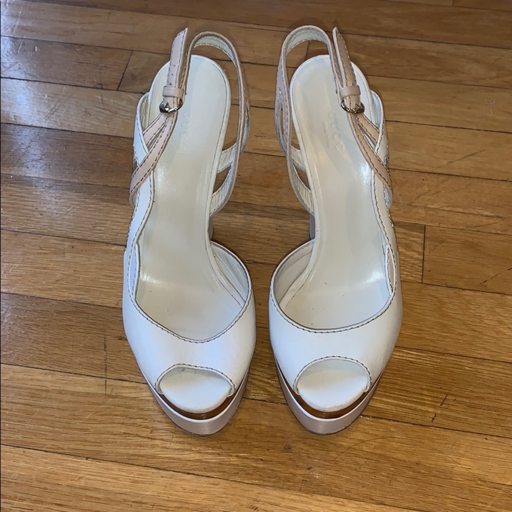 white and beige heels